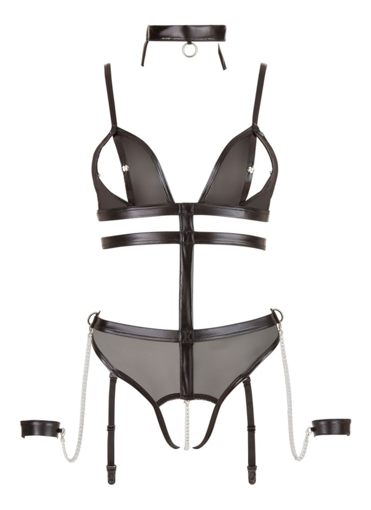 Body ouvert, wetlook og powernet i harness look inkl. halsbånd