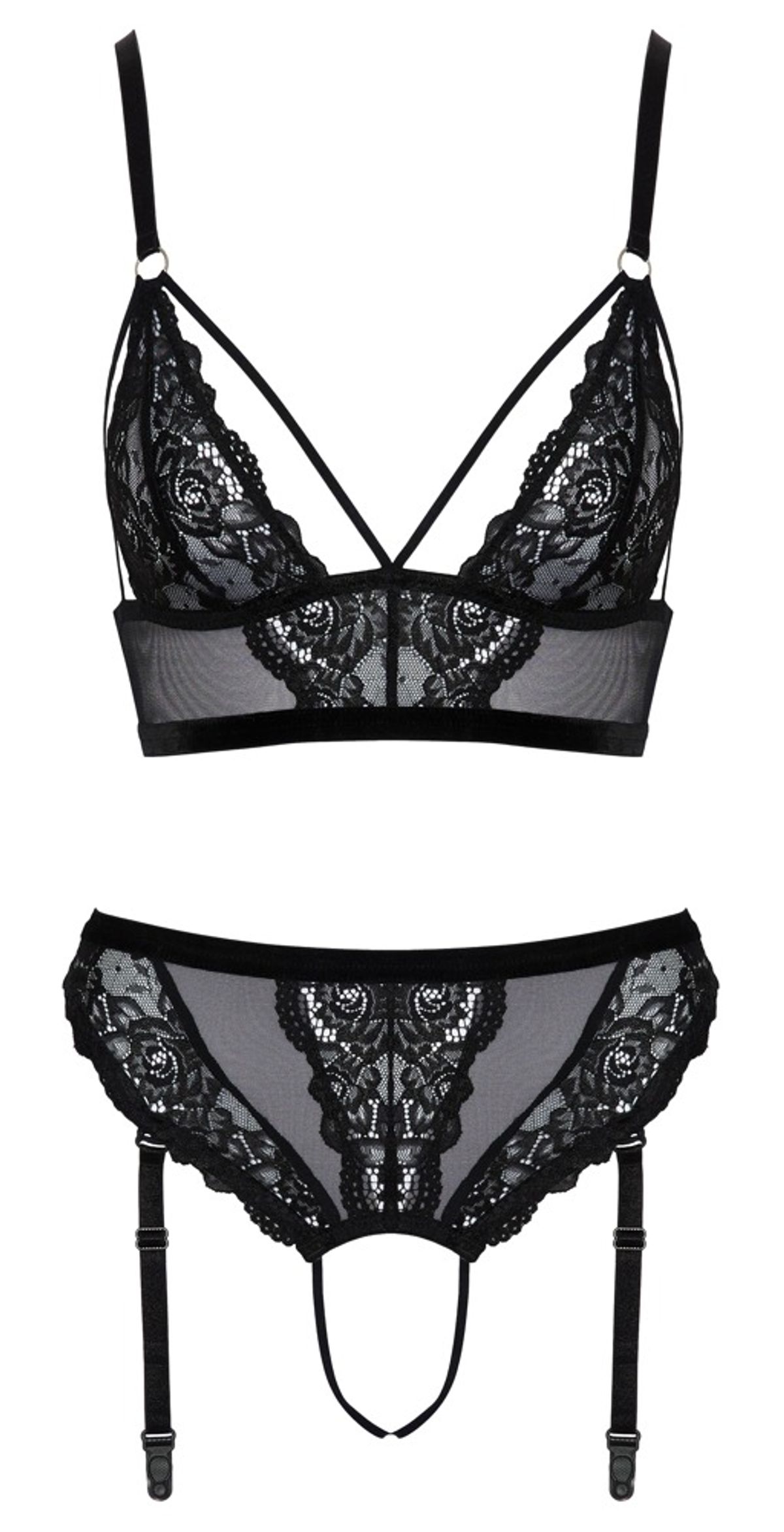 Bralette plus ouvert trusser i et fint miks af blonder og powernet