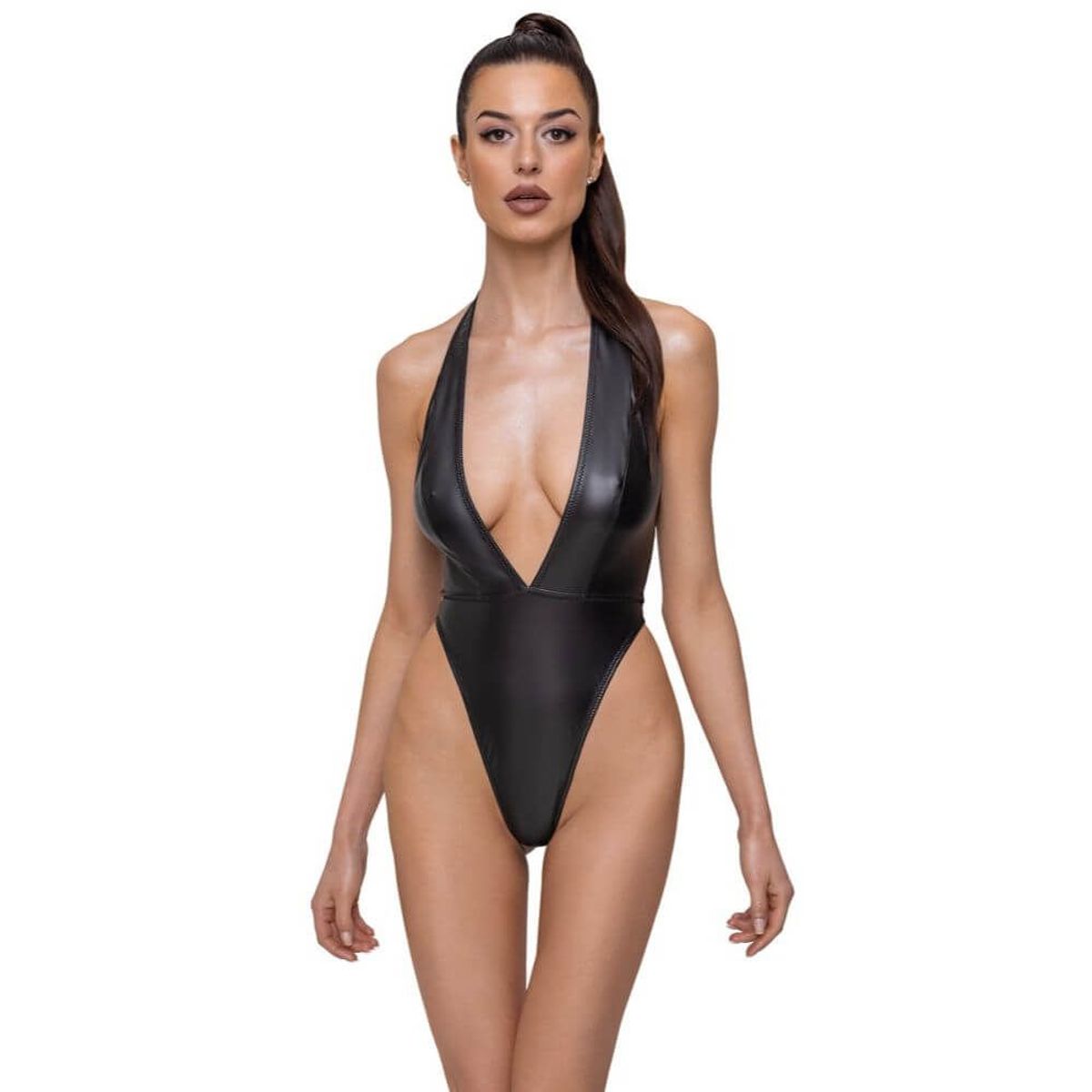 Cottelli - XL - Matlook Bodystocking med Dyb V-udskæring