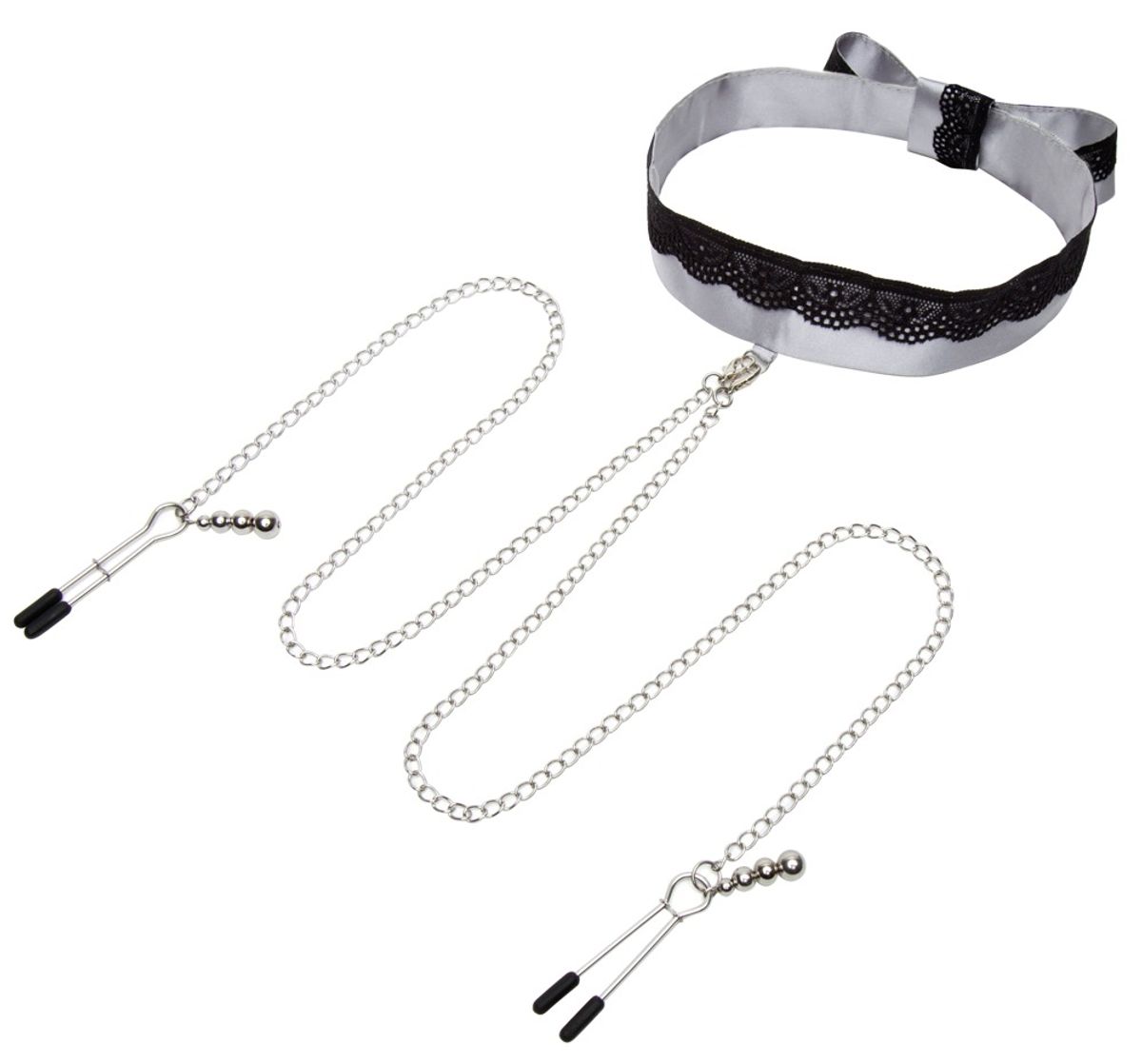 Halsbånd med brystvorteklemmer Halsband mit Nippelklemmen âPlay Nice Satin Collar & Nipple Clampsâ