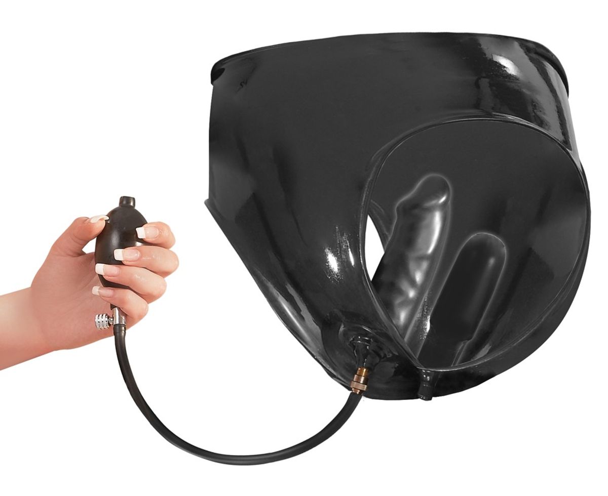 Slip af latex, med integreret dobbelt-dildo, som kan pumpes op