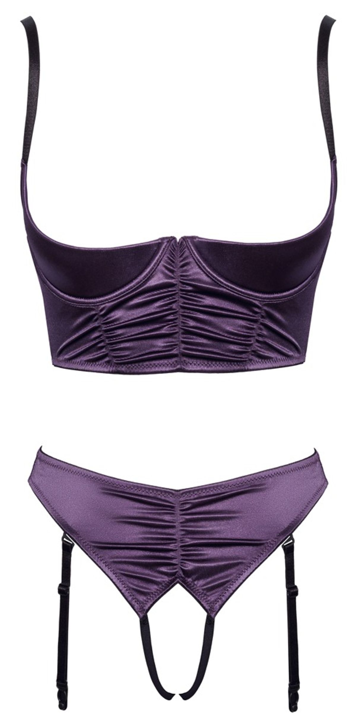 Åben BH plus trusse med seler af stretch satin i ædel lilla med sorte detaljer